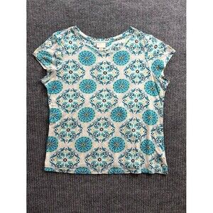 ANTHROPOLOGIE Blue Medallion Geo Tile Print Short Sleeve Boho Tee T-Shirt Top L